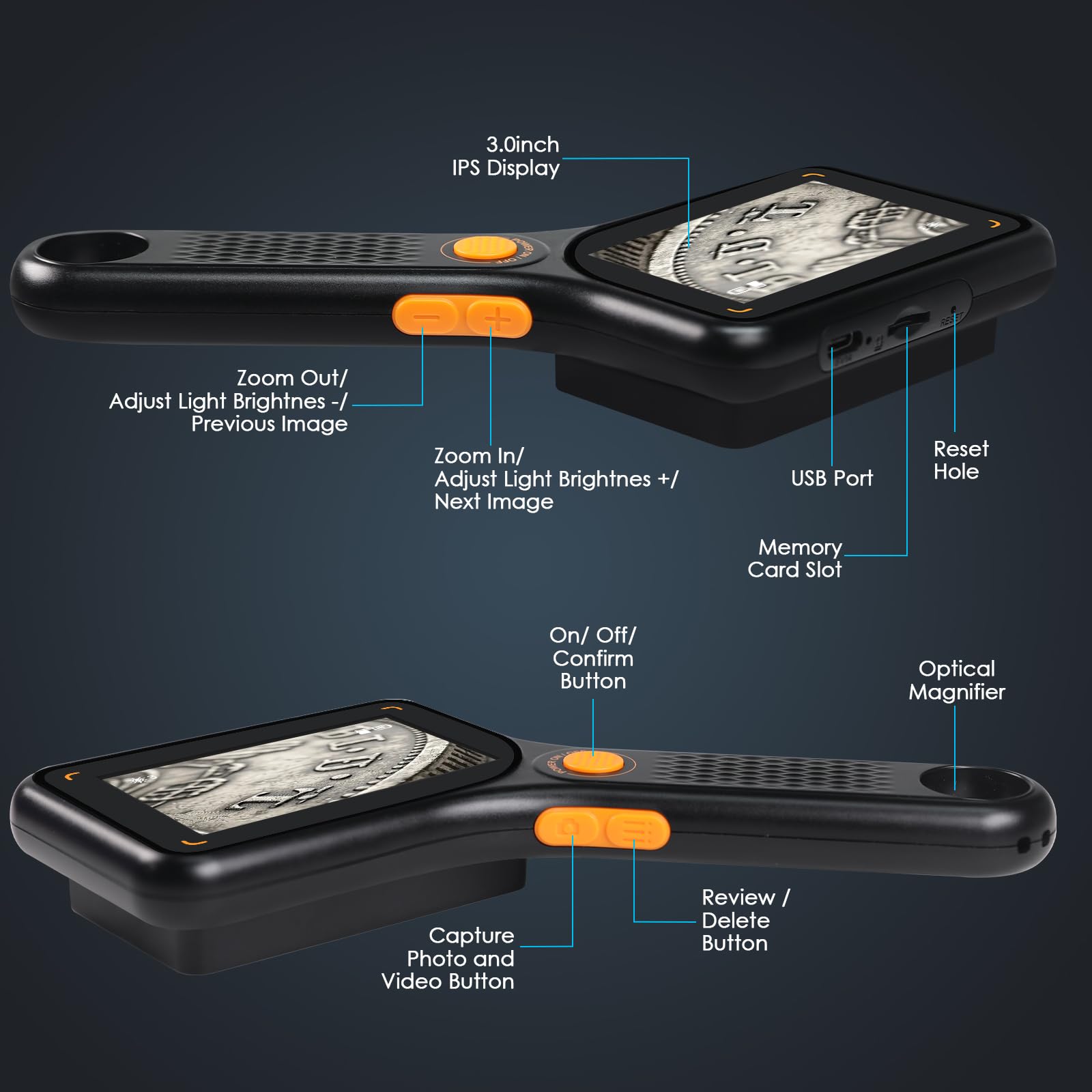 Digitales Mikroskop mit IPS-Bildschirm, Autofokus, USB-Lupe, 64 GB, Unterstützung für Münzen, Schmuck, PCB, Reparatur, Biologie, 8 LED-Leuchten für Windows, Mac, 7,6 cm Display, tragbarer