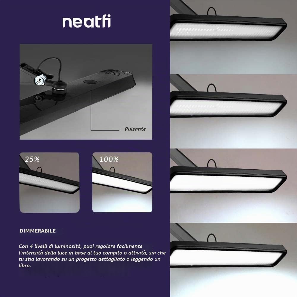 Neatfi XL Lampada da Lavoro LED per Tavolo Manicure, Hobby, Banco da Lavoro e Ufficio – Luce da Scrivania con Testa da 56 cm | 4 Livelli di Luminosità (Nero, Non-CCT con morsetto)