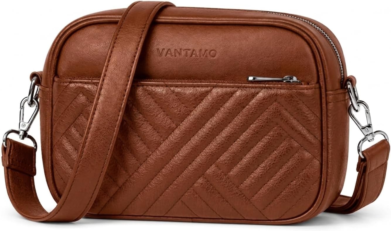 Vantamo Premium Quilted Crossbody Bags for Women with Anti-Pickpocket Clip, Vegan Leather Handbags, Travel Purses for Women