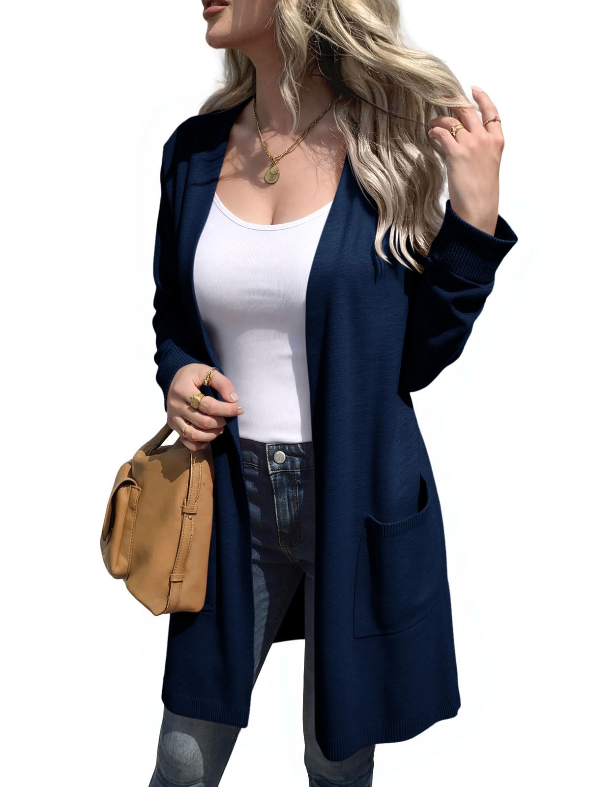 Saodimallsu Cardigan da donna lungo leggero a maniche lunghe aperto davanti maglione monocromatico tempo libero cappotto a maglia capospalla con tasca, Blu scuro, L