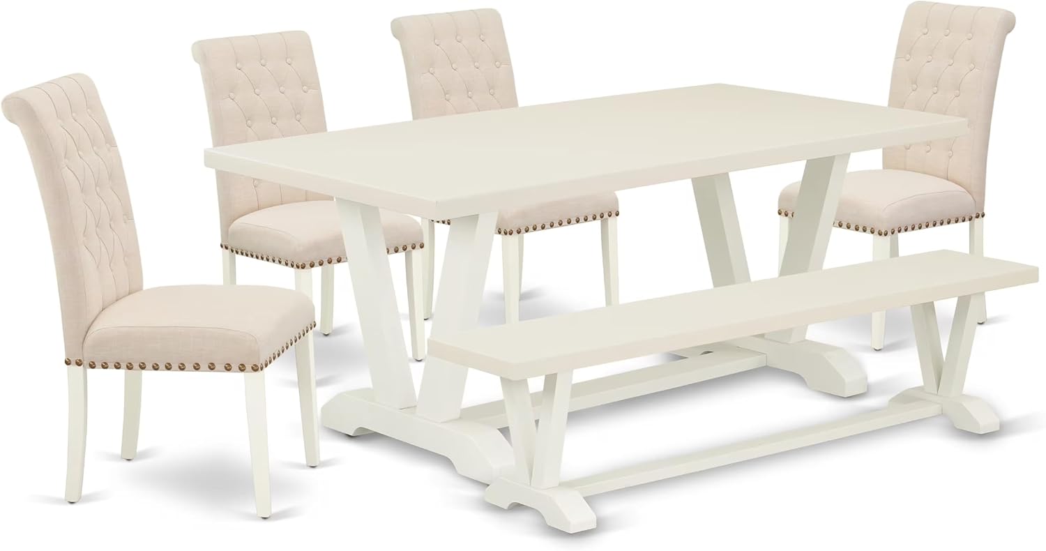 East West Furniture V027BR202-6 6 Piece Dining Table Set Contains a Rectangle Dining Room Table and 4 Light Beige Linen Fabric Parson Chairs with a Bench, 40x72 Inch, Multi-Color