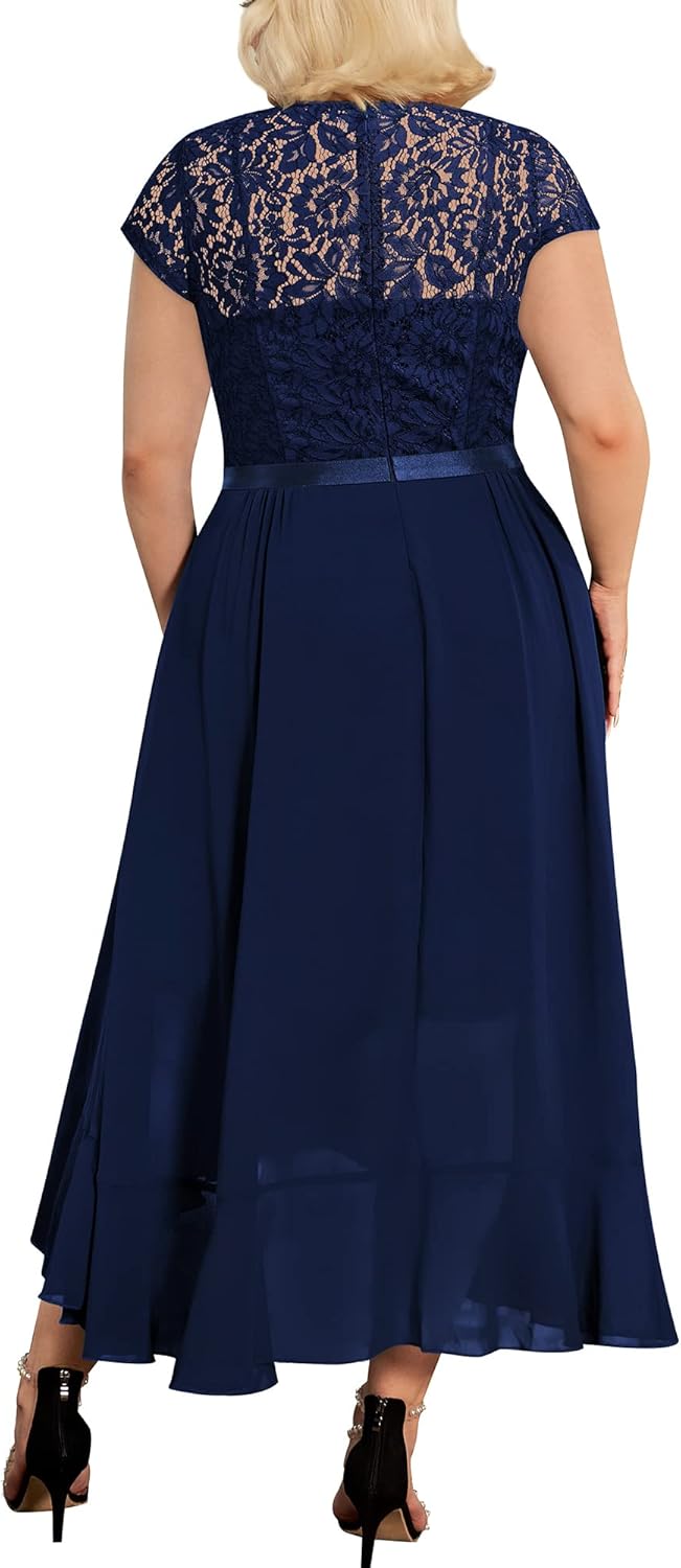 Miusol Women's Plus Size V Neck Elegant Floral Lace Ruffle Bridesmaid Maxi Dress - Image 2