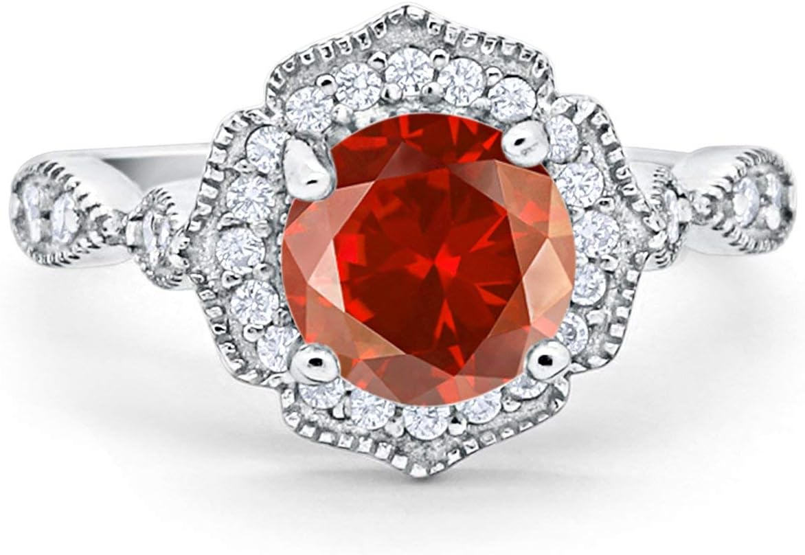 Blue Apple Co. Halo Art Deco Floral Wedding Engagement Ring Round Cubic Zirconia 925 Sterling Silver