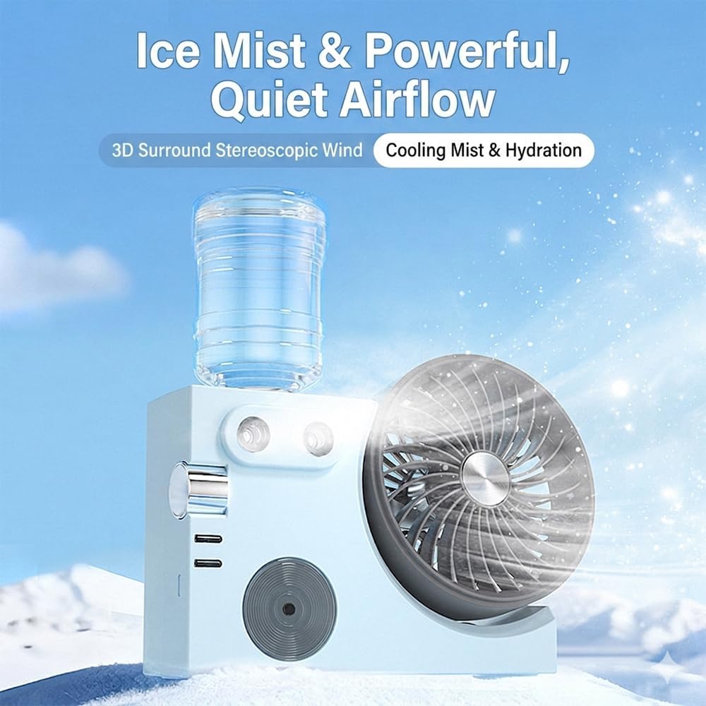 2026 New Portable Misting Table Fan, USB Rechargeable Desktop Cooling Air Circulator with Mist Spray, 3-Speed Quiet Personal Fan with Adjustable Angle for Office Home Bedroom Dorm Travel (White)
