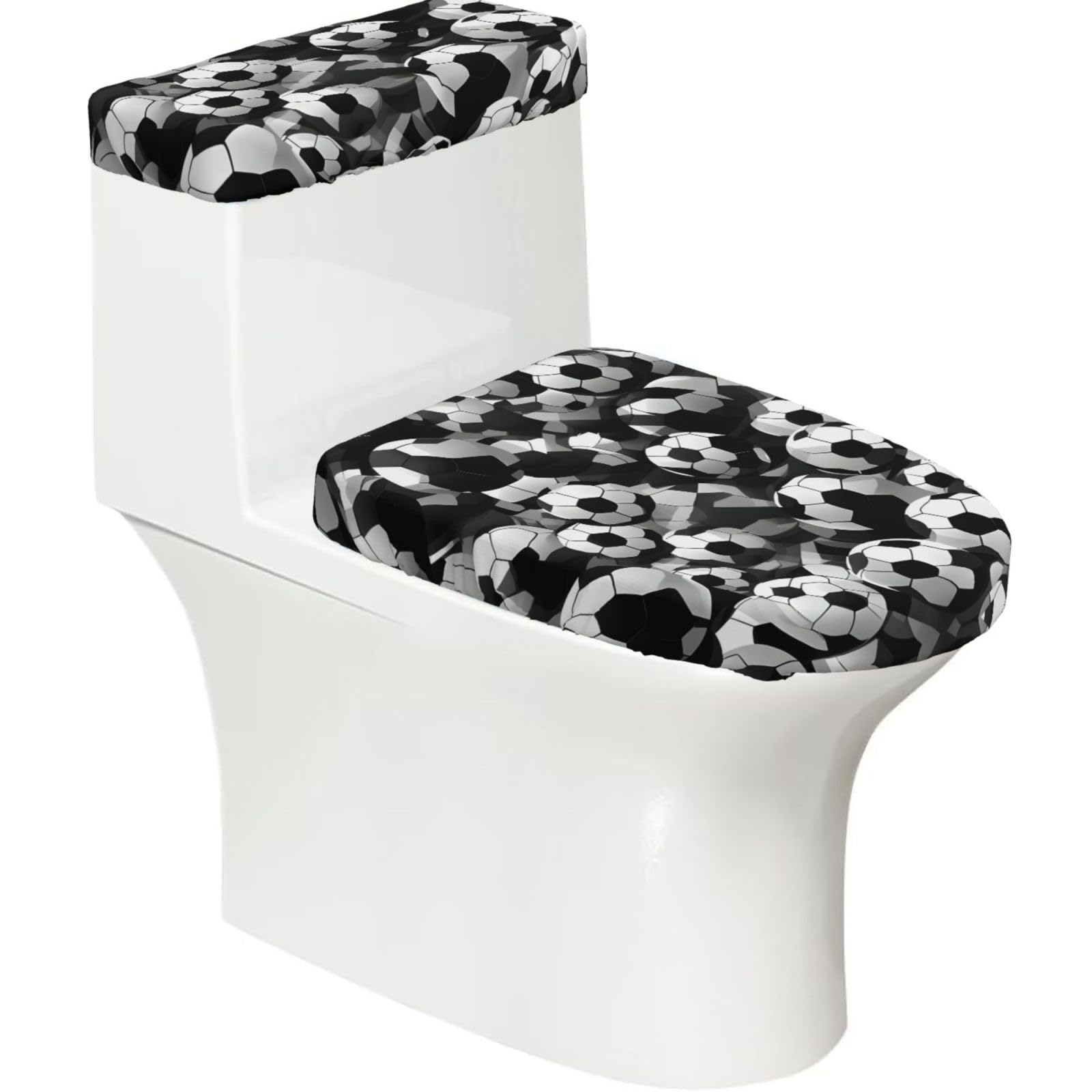 Black White Soccer Ball Printed Toilet Tank and Lid Cover Set of 2 for Most Bathrooms, Fits Elongated Round Toilets