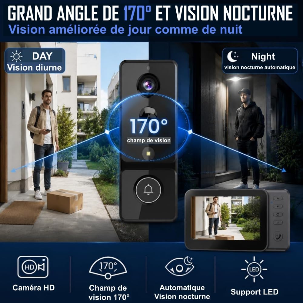 TKMARS Sonnette Vidéo sans Fil 4.3’’ HD 1080P, Visiophone IP65 Étanche, Grand Angle 170°, Vision Nocturne IR, Interphone Audio Bidirectionnel, sans WiFi ni App, Détection Mouvement | Écran IPS 4.3", Audio Bidirectionnel, Grand Angle 170°, Vision Nocturne