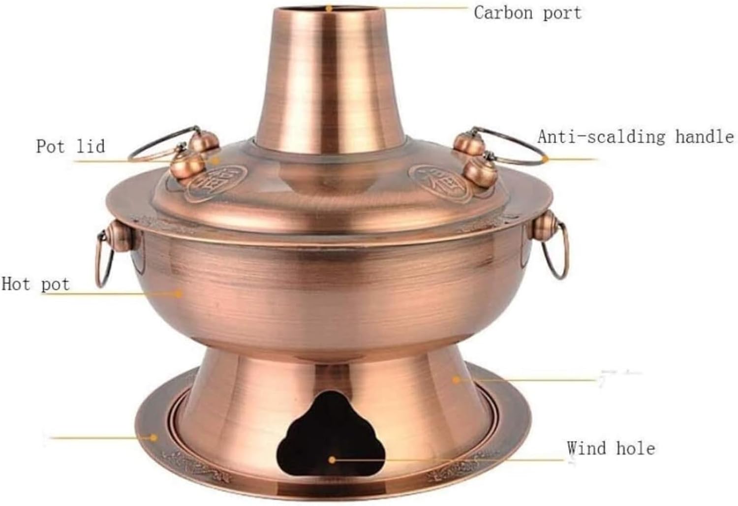 Charcoal Hot Pot Chinese Traditional Charcoal Hot Pot Stainless Steel Charcoal Heated Soup Pot Kitchen Tools Chinese Hot Pot,Gold-32cm