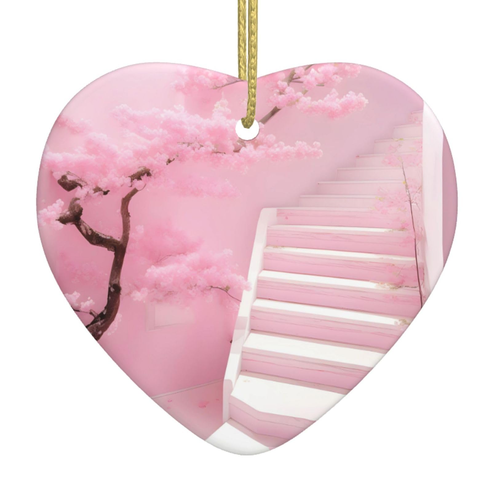 Cherry Blossom White Staircase Ceramic Christmas Heart Pendant with Silk Thread, Christmas Tree Home Decoration