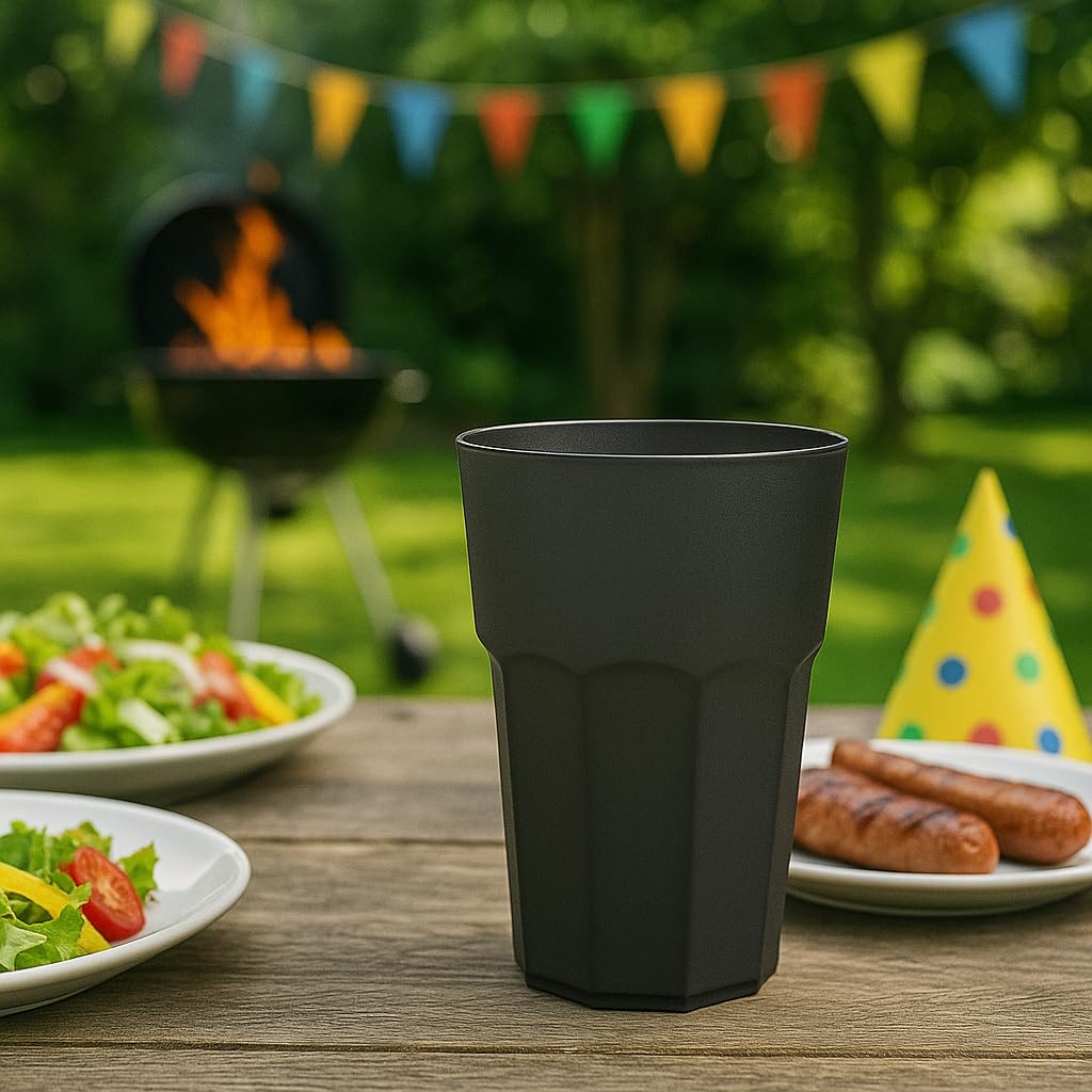 6 x GLASSY CUP 480 ml nero trasparente – bicchieri in plastica infrangibile effetto vetro, senza BPA, lavabili in lavastoviglie, riutilizzabili, ideali per cocktail, caipi, feste, campeggio e attività