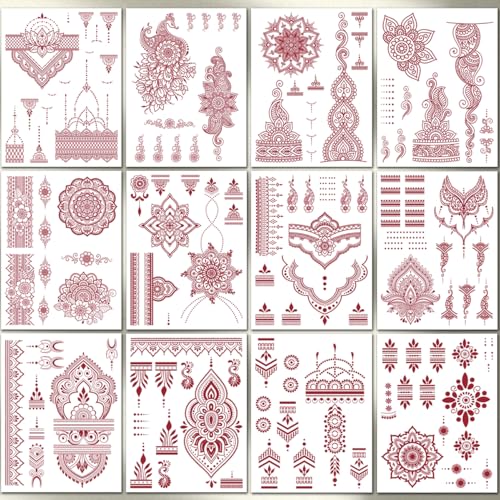 CHARLENT 12 Sheets Henna Temporary Tattoos for Women
