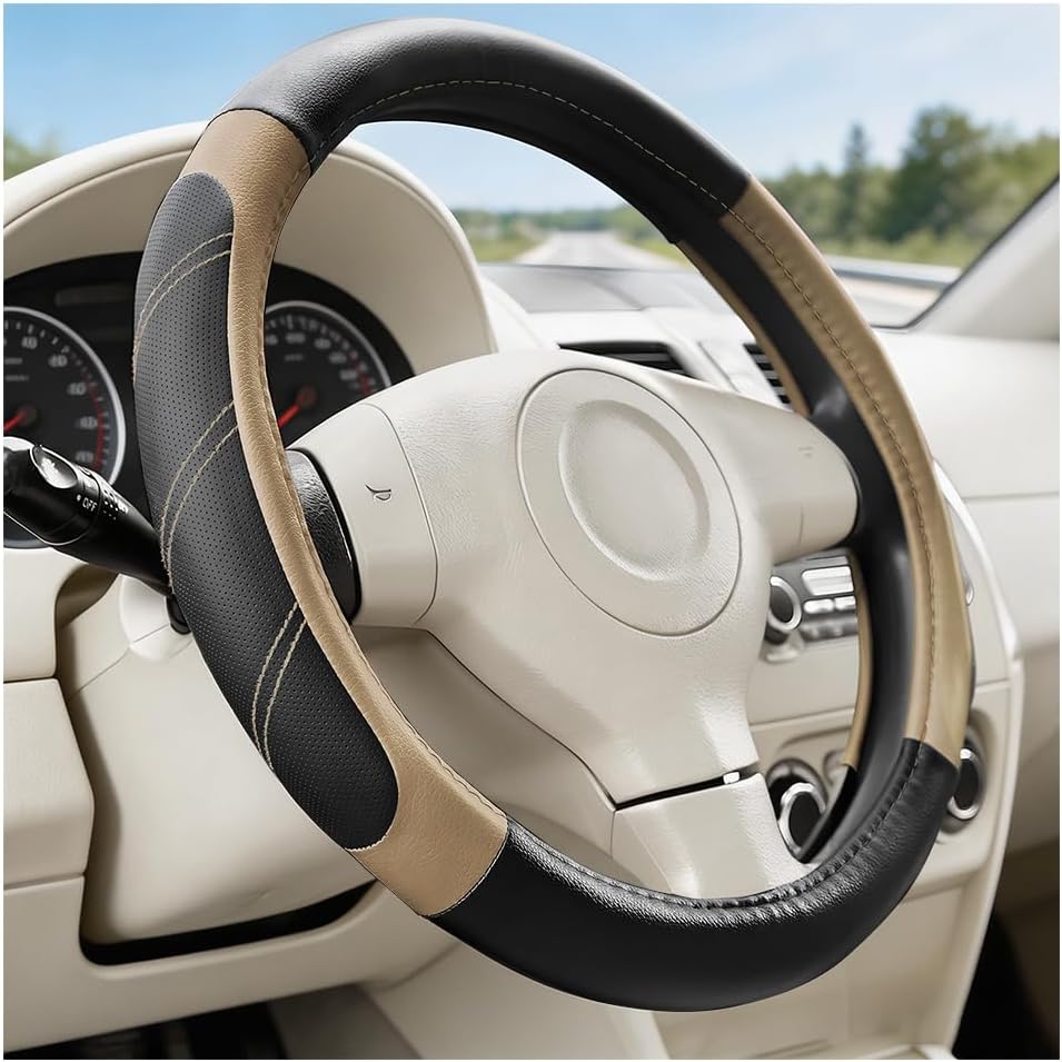 Car Steering Wheel Cover, 14.5-15" with Anti-Slip Lining, Beige | Sporty soft breathable steering protector, daily driving accessory, auto interior accessories, universal fit