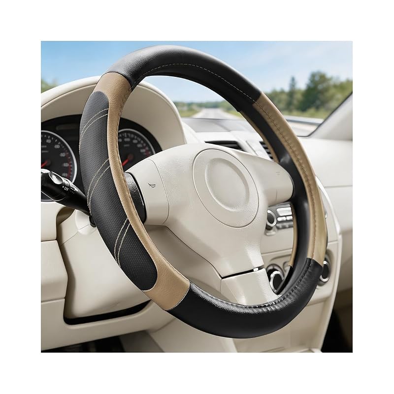 Capa para Volante de Carro em Couro com Revestimento Antiderrapante, Preta e Bege, 37,0–38,1 cm, BCOWPV