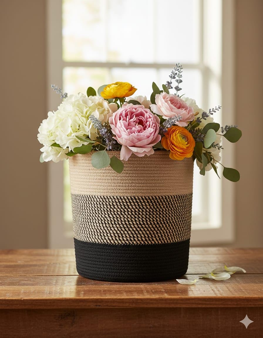 Large Jute Cotton Rope Laundry Basket with Handle | Tall Rectangular Clothes Hamper for Bathroom, Bedroom & Storage | Eco-Friendly Handwoven Organizer (BLACK MIX 3)