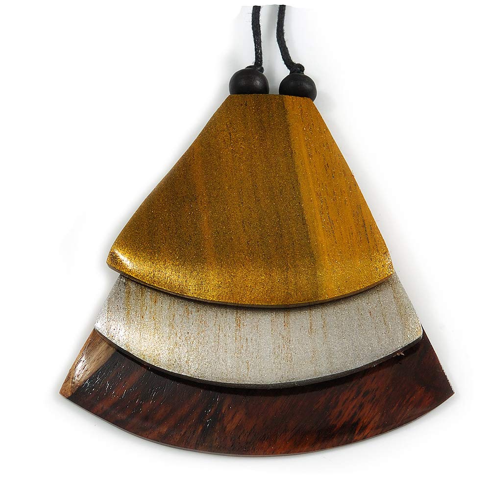 Avalaya Collana con ciondolo geometrico in legno triangolare in argento metallizzato, con cordoncino in cotone nero, lunghezza 9 cm, lunghezza 100 cm, regolabile, Legno legno cavi