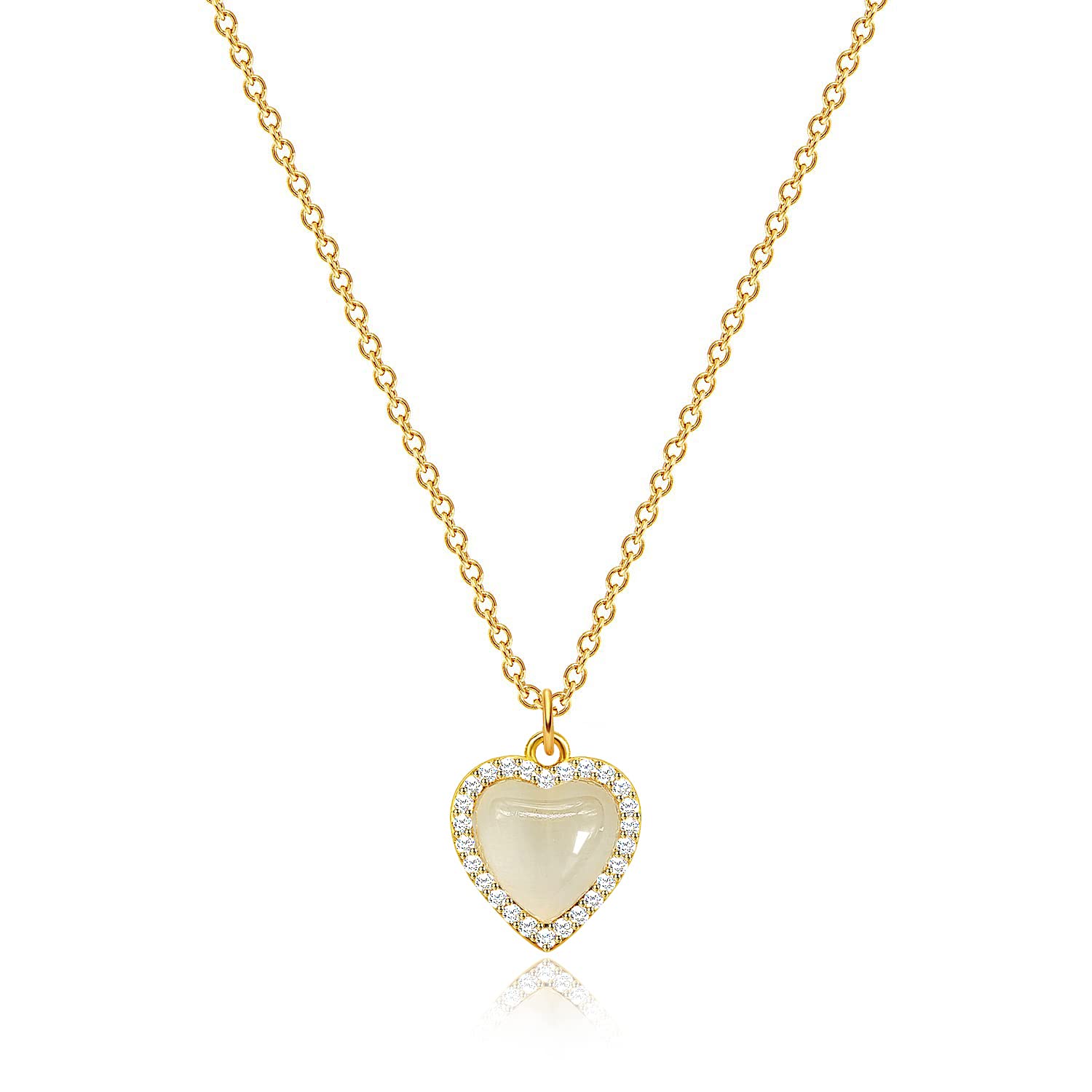 QJLE Dainty Gold Pendant Necklace for Women,Love Heart Halo Created Opal 14K Gold Plated Necklaces for Women Trendy Jewelry Gifts, Gold Plated, Cubic Zirconia