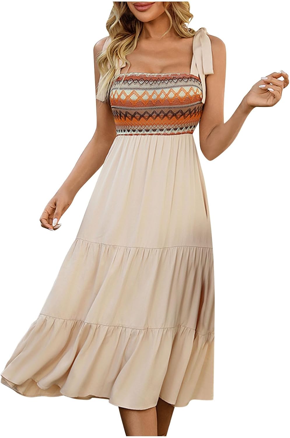 Women Boho Tie Shoulder Smocked Midi Flowy Dresses Casual Summer Beach Vacation Tiered Ruffle Swing A-Line Sundress