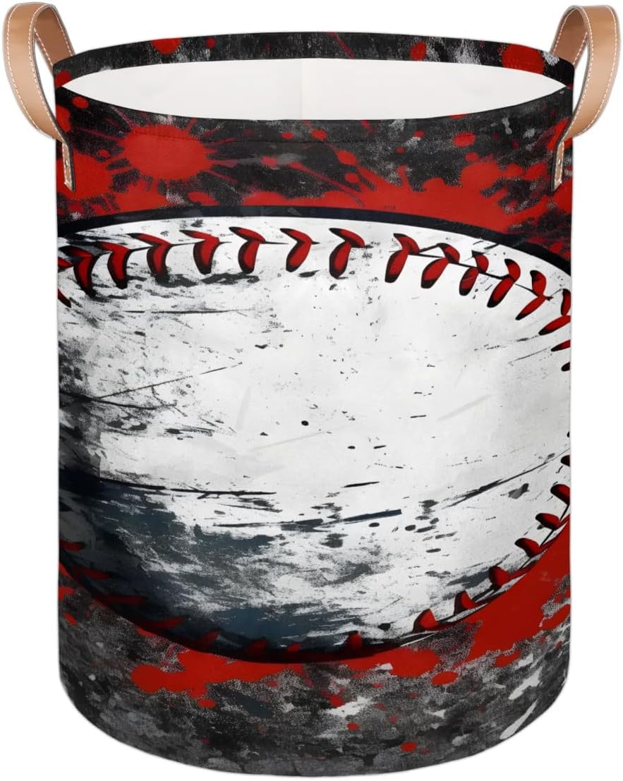 Baseball Red Wall Round Laundry Basket with Handles 70L Large Laundry Hamper Collapsible Polyester Dirty Clothes Storage Bucket Tall Organizer Basket for Nursery Bathroom Decor