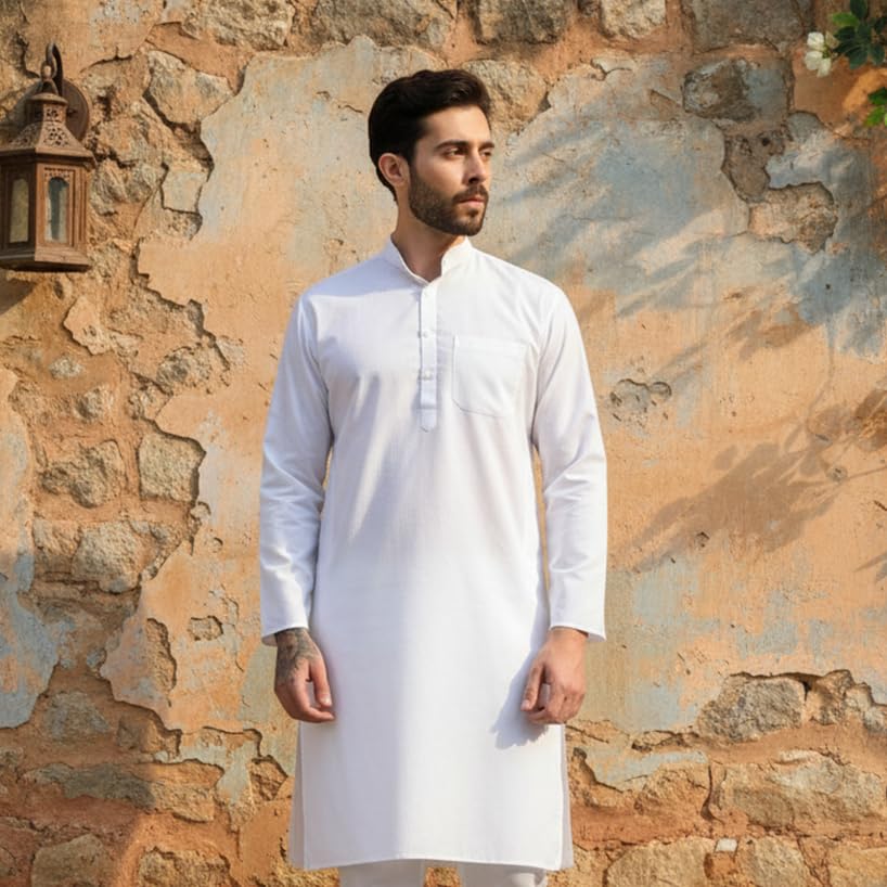 Image of Men's Cotton Blend Blend Knee Length Solid Color Style Stright Long Mandrin Collor Ethnic Casual Wear Kurta Only