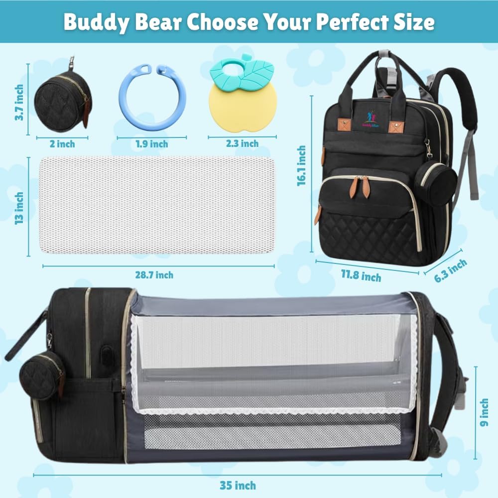 Buddy Bear Diaper Bag Backpack with Changing Station, Waterproof Baby Diaper Bag with USB Port, Large Capacity Multi-Function Baby Bag for Moms & Dads, Ideal Baby Gift, Black - Image 6