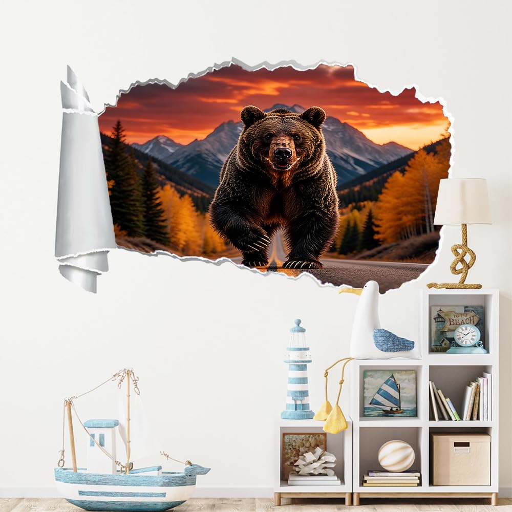 3D Wandtattoo I Wandbild Bären Waldtiere Wandaufkleber I Wandsticker Durchbruch Herbstlicher Sonnenuntergang Am Berg Poster Fensterblick I Wand Deko Aufkleber für Wohnzimmer Schlafzimmer Türaufkleber
