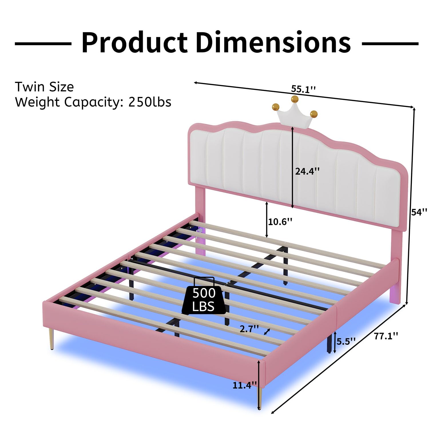 Japovker Full Size LED Princess Bed Frame with Crown Headboard,Pink PU Upholstered Platform Bed with Wood Slats Support and Metal Legs for Girls,No Box Spring Needed (Pink, Full)