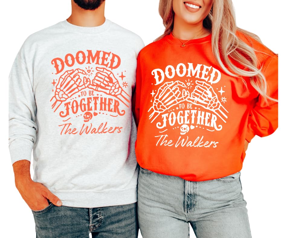 Doomed Together Couple Halloween Sweatshirts – Personalized Matching Skeleton Hands Pullover, Fun Spooky Season Outfit for Couples White