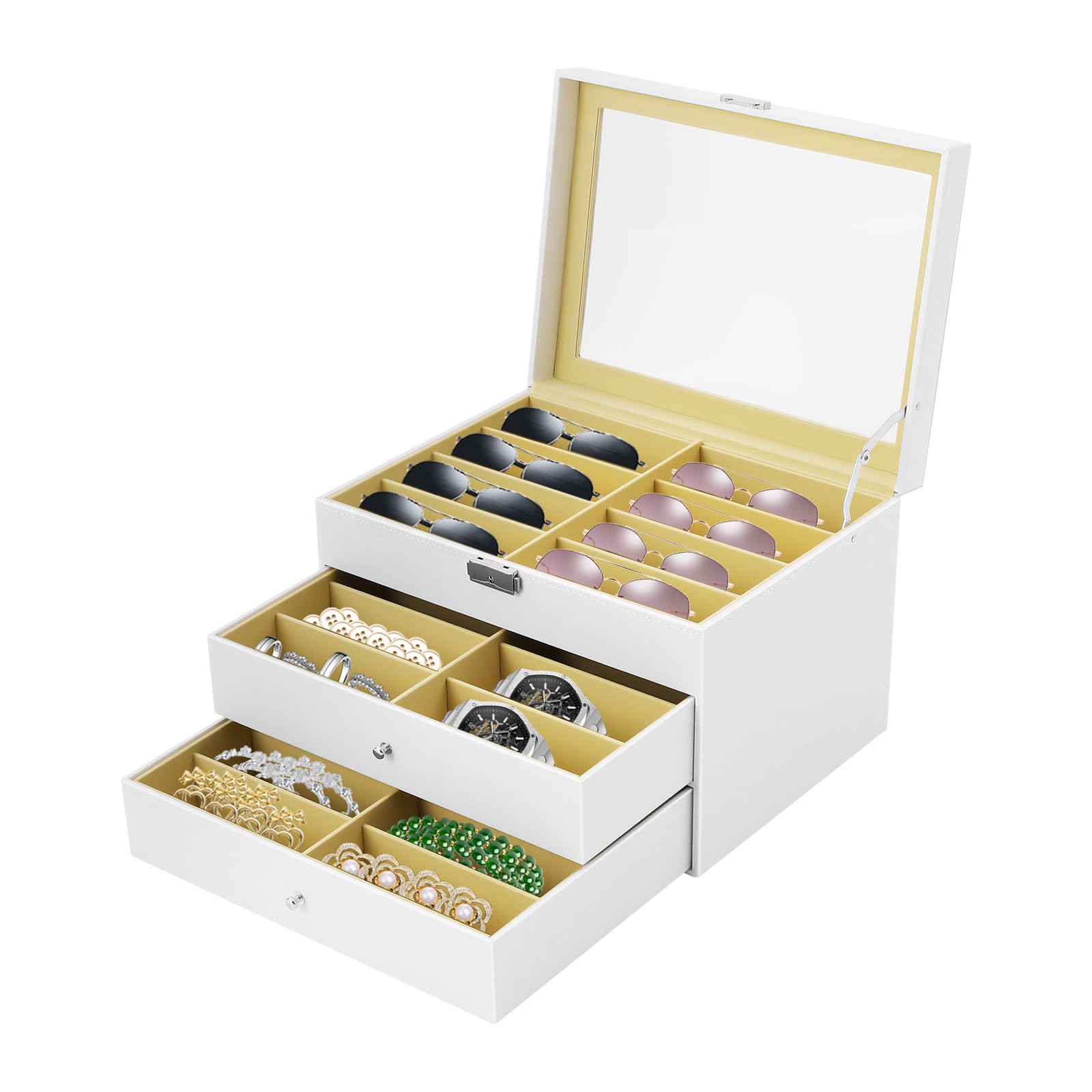 Caja de gafas de 3 niveles con 24 cajones y tapa de cristal, almacenamiento seguro con cerradura y llave, soporte para múltiples gafas, joyas, relojes (blanco)