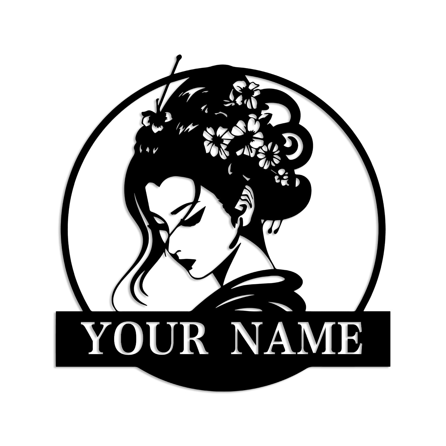 Kissesuu Black Custom Japanese Geisha Metal Wall Art Name Sign, Personalized Geisha Hanging Metal Sign, Personalized Geisha Name Sign Decoration For Room, Geisha Home Decor, Geisha Wall Artgeisha Lover (Geisha A)