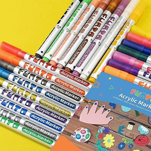 Image of Funto Acrylic Paint Pens for Rock Painting, Fabric, Wood, Canvas, Metal, Ceramic, Glass, 24 Colors Paint Marker Set, Non-Toxic, Quick Drying