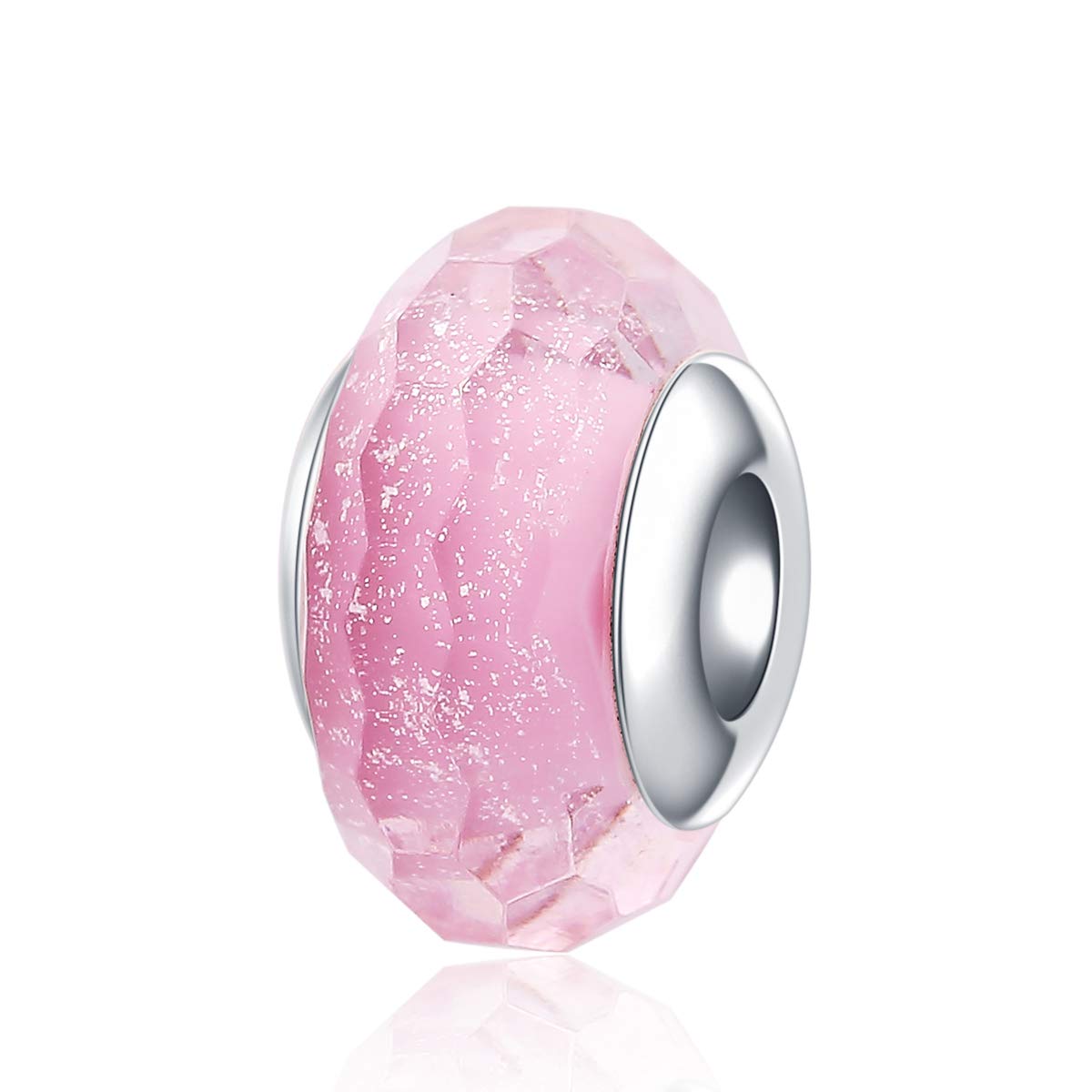Hoobeads Abalorio de cristal de Murano transparente con núcleo de plata 925 facetado fascinante para pulsera europea (rosa), Esterlina 925