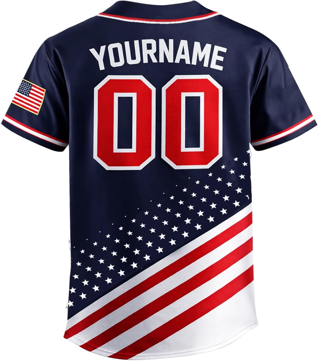 USA Patriotic Baseball Jersey Custom Name & Number American Flag Button Down Sports Shirt for Men Women