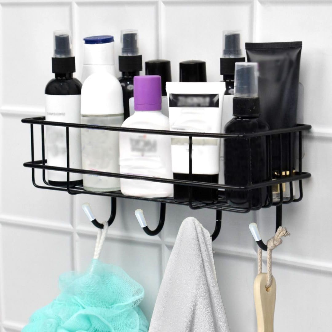 Decorlay IG Steel Self Adhesive Magic Sticker Kitchen Wall Shelf Multipurpose Bathroom Accessories Rack and Towel Holder with 4 Hook -Towel Rack Without Drilling | Color- Black (Pack of 2) (B0CQK9GV5N) Amazon Price History, Amazon Price Tracker