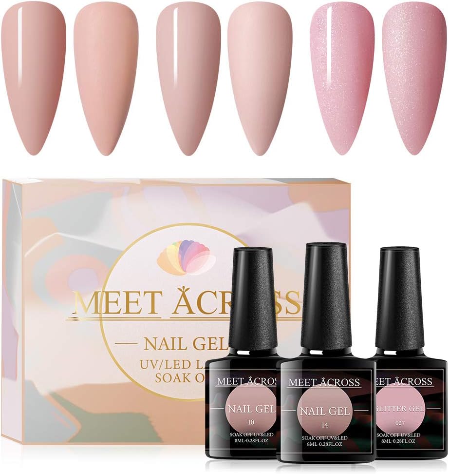 MEET ACROSS Gel Nail Polish Set 3 Colors Gel Polish Kit Soak Off UV Led Lamp Nail Polish Gel Base Top Coat Needed With Gifts Box For Nail Art Salon Design Manicure Starter Set (Pink)