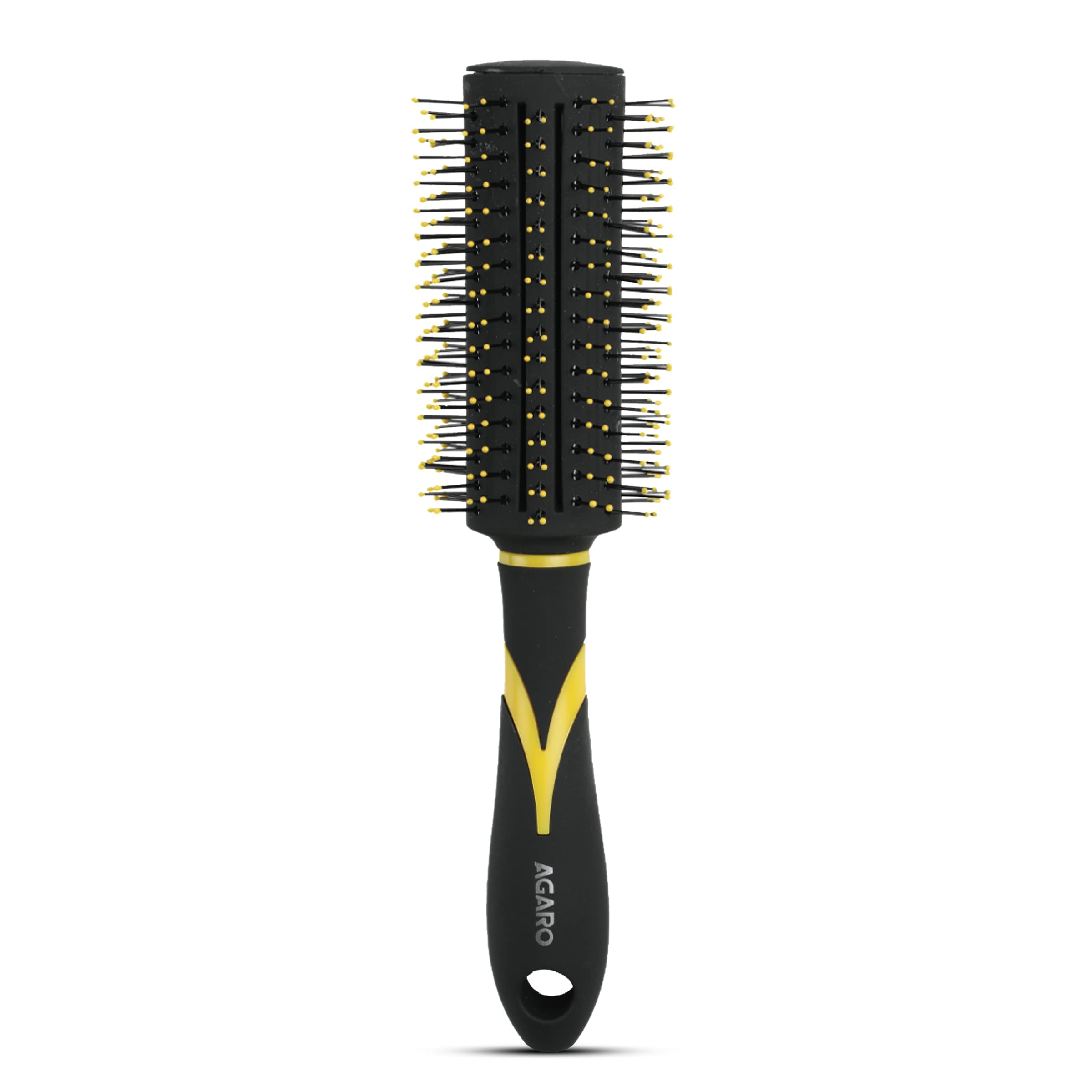 AGARO Breeze Round Hair Brush with Strong & flexible boar bristles having Anti static ball tips, For Adding Quick Curls, Waves & Volume In Hair, ideal for all types of medium to long hair, Yellow & Black.