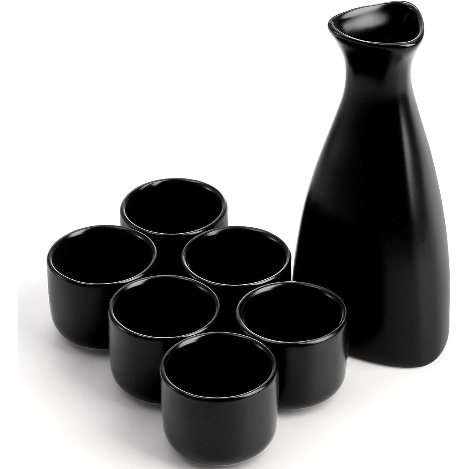 THE WHITE SHOP 7 PCS Japanese Sake Set, 200ml Ceramic Sake Set, Includes 1 Sake Bottle 6 Sake Cups For Serving Hot Or Cold Sake At Home Or At A Restaurant(BLACK)