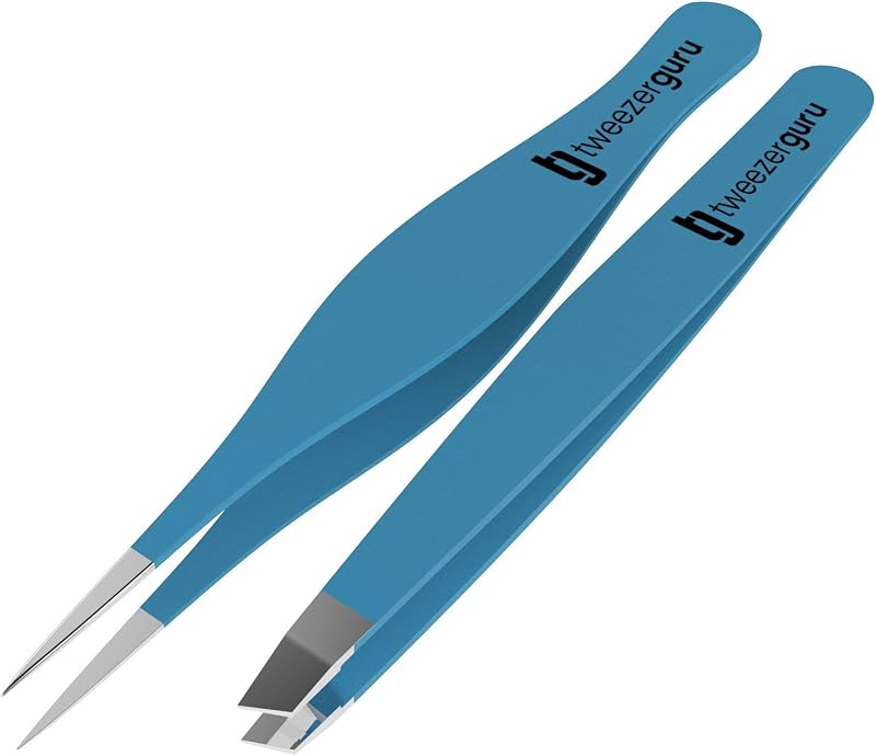 Pinças TWEEZER GURU para sobrancelhas em aço inoxidável, pontas chanfrada e fina, Teal, pacote com 2