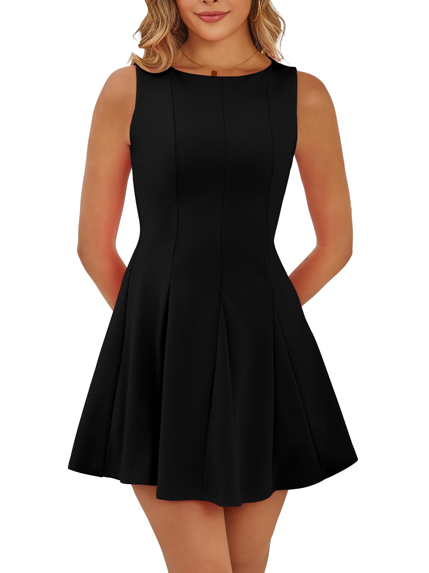 Mokoru Women's Summer Sleeveless Boat Neck Cute Mini Dress A-Line Party Cocktail Short Dresses