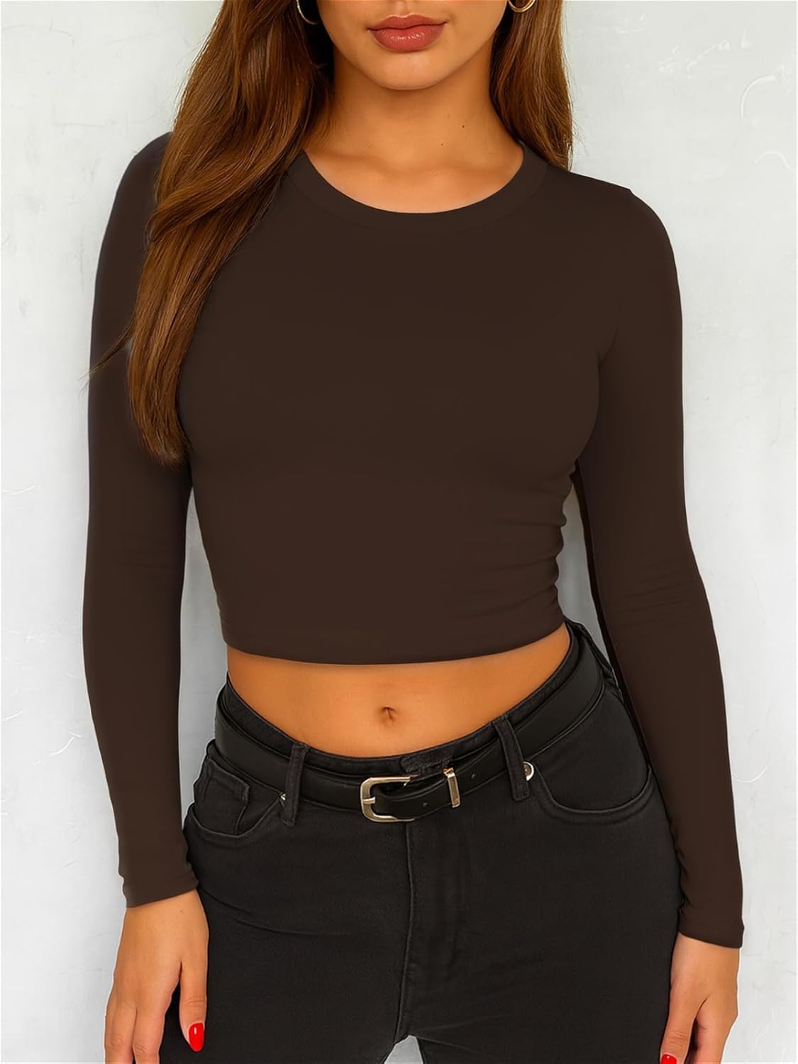 ForeFair Womens Crew Neck Long Sleeve Crop Top Tight Going Out Tops Fitted Fall Y2K Basic Shirts - Image 2