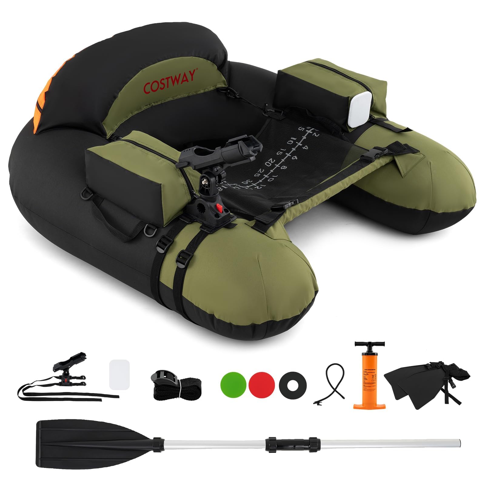 FANTASK Barca da pesca con pompa, pagaia in alluminio e pinne, supporto regolabile per canne da pesca, stantuffo, barche Belly per adulti, verde