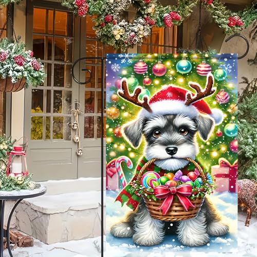 Image of BlissYard Christmas Garden Flag 12x18 Inch Schnauzer Plaid Yard Decor | Double sided polyester, schnauzer with plaid accents design, dog lover decor for Christmas porch and yard