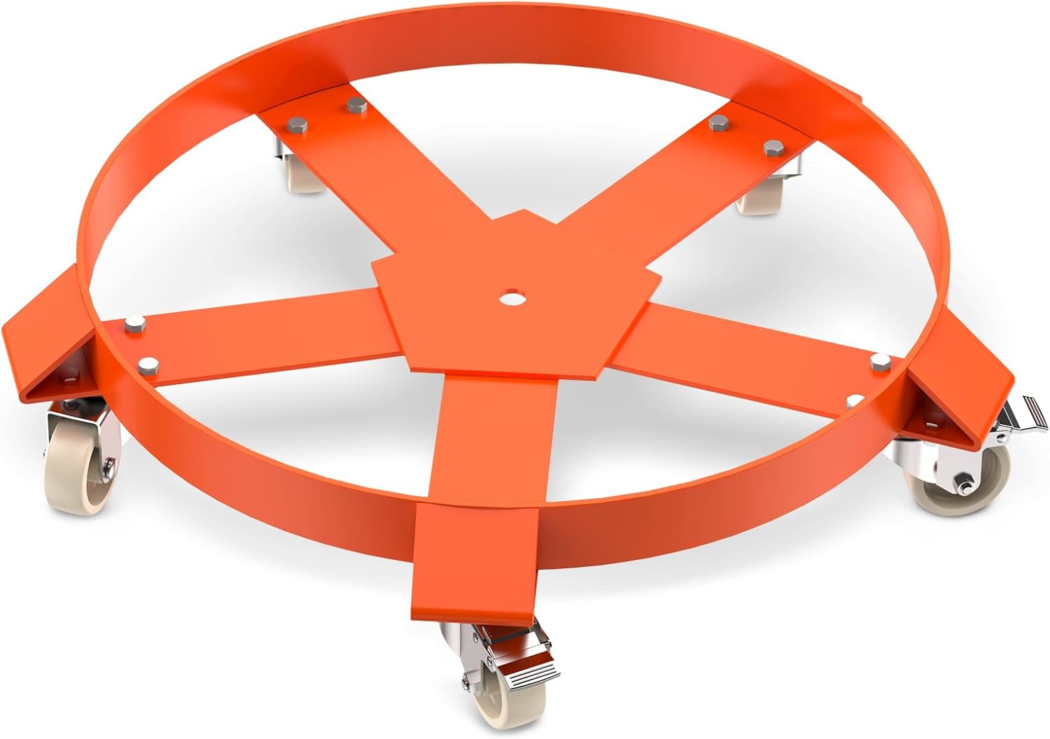 55 gal Heavy Duty Barrel Dolly, 1250 lbs Capacity Industrial Drum Cart with 5 Swivel Casters & Brakes, Extra Stable for Chemical Drum Handling, Orange