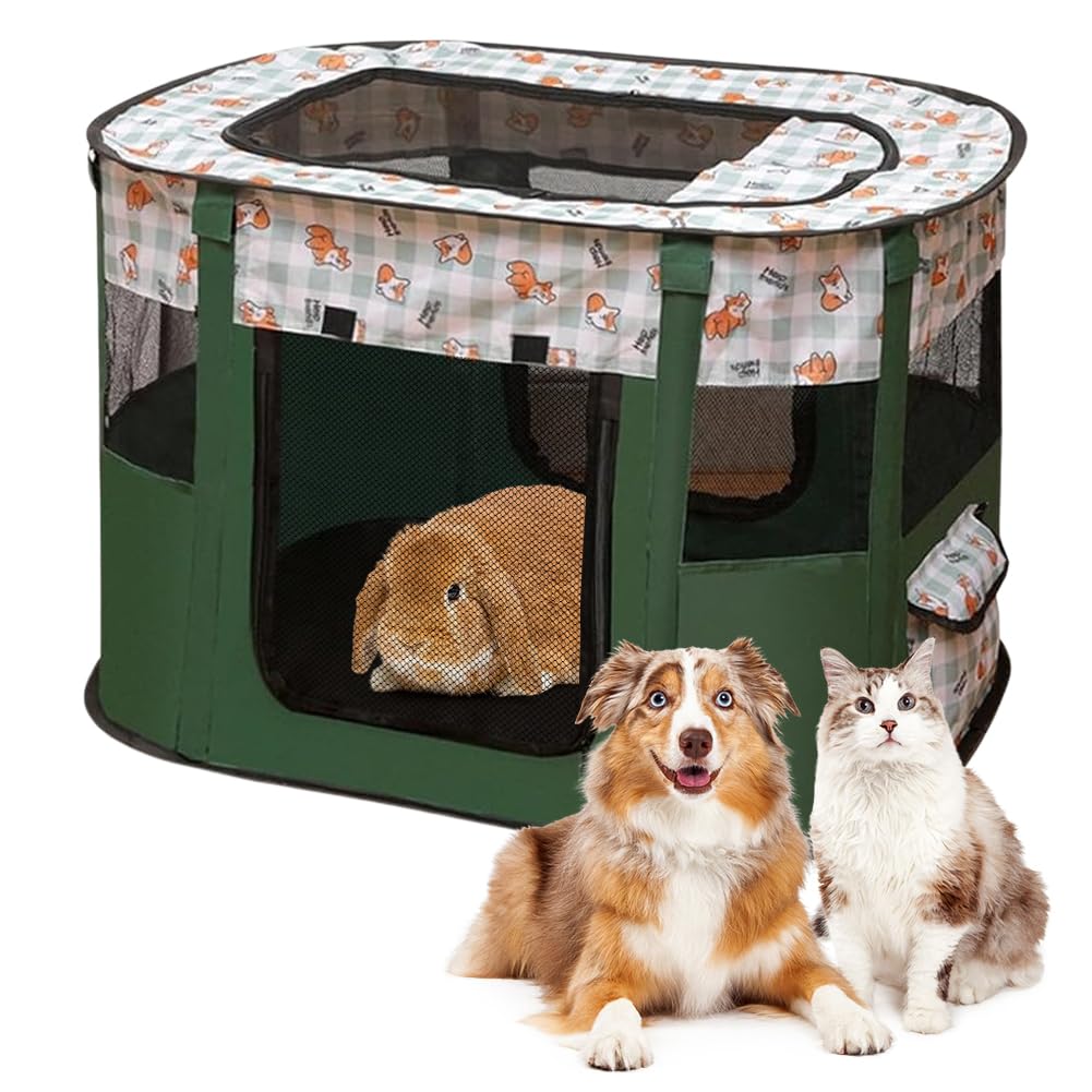 Parque para cachorros plegable para perros, caño para cachorros, tejido Oxford, tienda rectangular para perros, conejos, cobayas, gatos, para interior o exterior, 70 x 55 x 40 cm, color verde oscuro