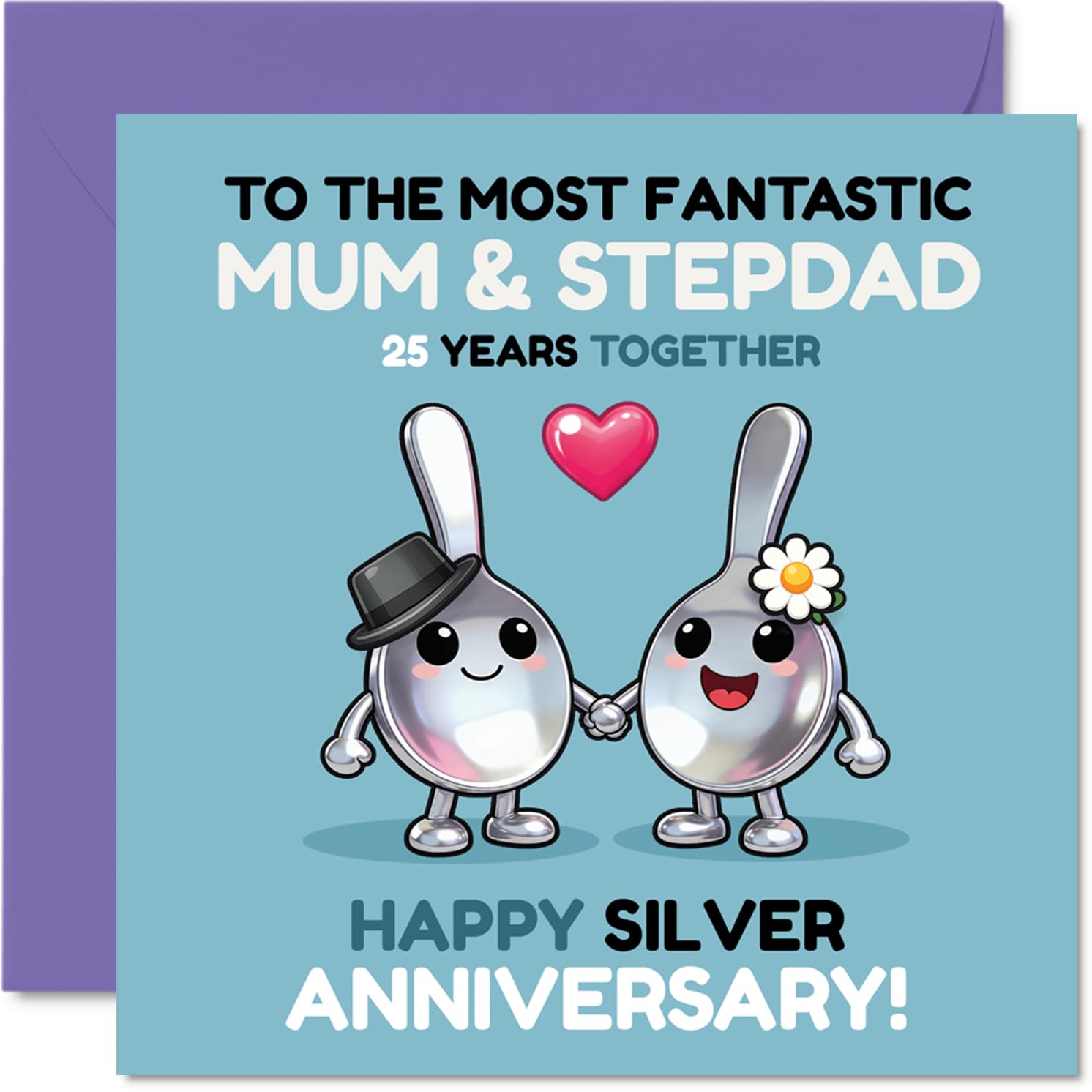 Playful 25th Anniversary Card for Stepdad & Mum - Celebrating 25 Years of Spooning - Cartoon Spoons Design in Joyful Silver and Pink - 145mm Square, Envelope Included