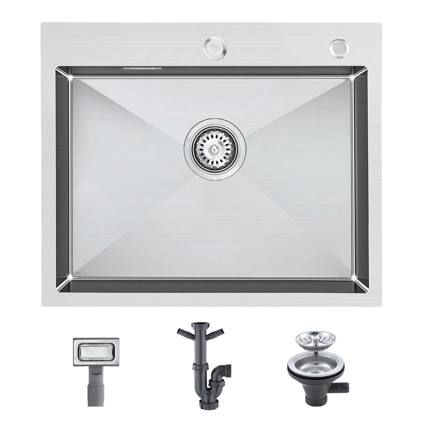 Lavello da cucina in acciaio inox 304 fatto a mano - 60 x 50 x 19 cm - con scolapiatti - 1 vasca - argento spazzolato satinato