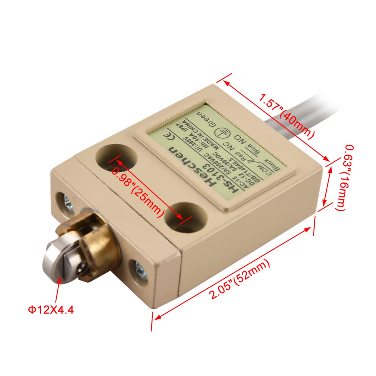 Heschen Compact Prewired Limit Switch, HS-3103, Crossroller Plunger, 1NO 1NC, SPDT, Momentary Type, AC250V 5A, IP67 Waterproof