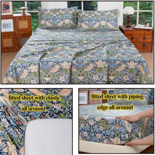 Image of FADFAY Cal King 100% Egyptian Cotton Sheets Set 4 Piece, Vintage Botanical Floral Bird Print, Luxury Soft Breathable Cooling Deep Pocket Bed Sheets, Hotel Quality Bedding for Hot Sleepers All Season