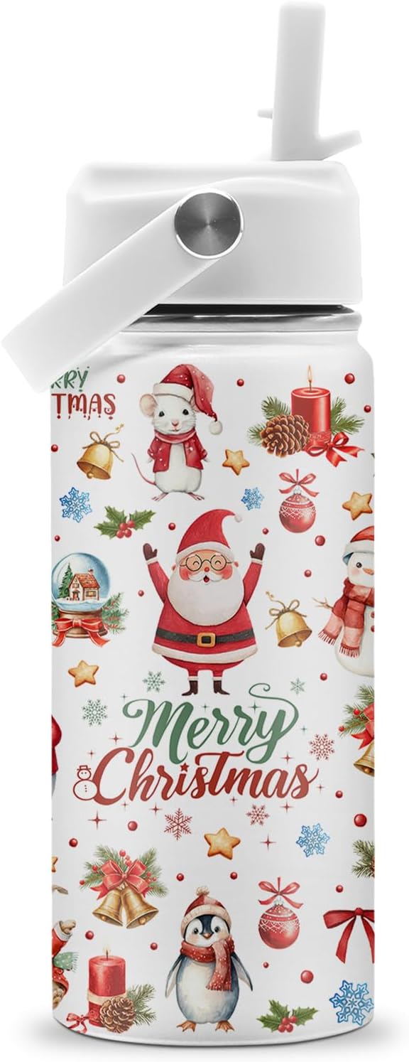 Merry Christmas Water Bottle - Santa Claus 16oz Stainless Steel Water Bottle with Straw - Winter Holiday Insulated Cup for Girls Boys - Xmas Animals Kids Tumbler for School, Sports, Travel