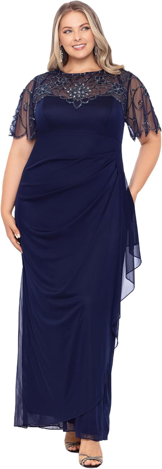 Xscape Womens Plus Size Long Beaded Sequin Illusion Neckline Jersey DressSpecial Occasion Dress
