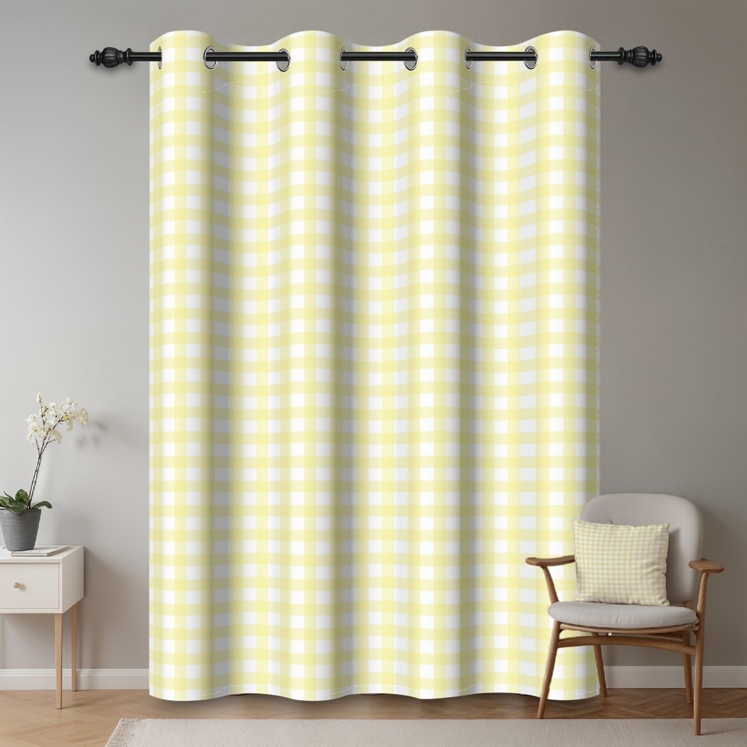 ggaimwf 107x160cm Plaid Eyelet Curtain Buffalo Check Yellow and White Gingham Checkered Squares Pattern Farmhouse Thermal Grommet Blackout Window Drapes for Bedroom Living Room 1 Single Panel - Image 2