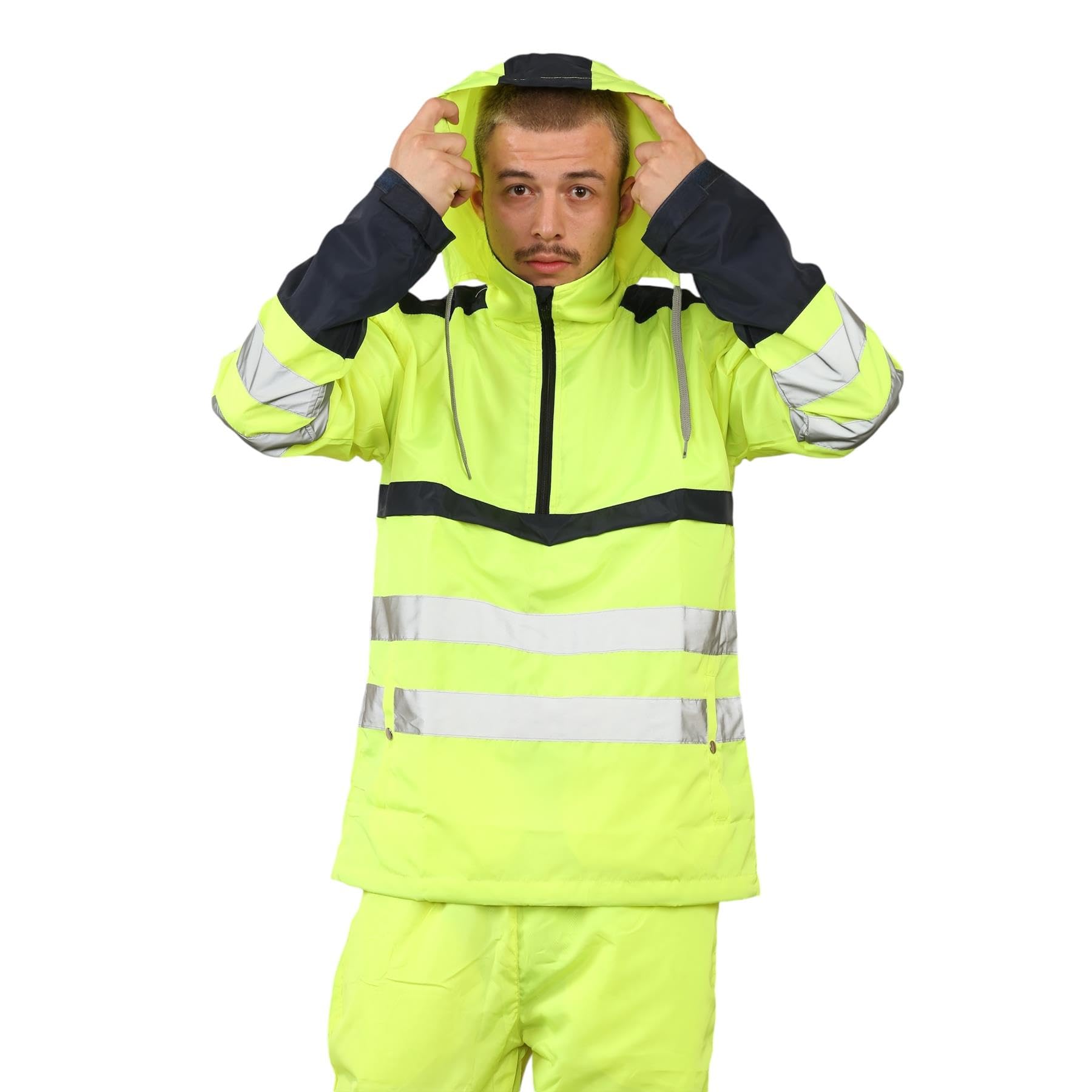 Męski kombinezon przeciwdeszczowy Hi Vis, robocza kurtka ostrzegawcza z kapturem, wodoodporne spodnie, elastyczna talia, zestaw odzieży przeciwdeszczowej
